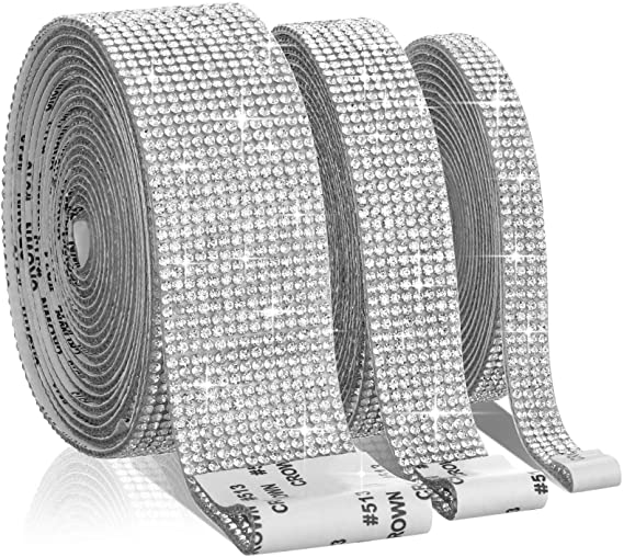 3 Rolls Self-Adhesive Crystal Ribbon Rhinestone Diamond Ribbon Wrap Roll DIY Bling Sticker with 2 mm Rhinestones for Arts Crafts, DIY Event Car Phone Decoration (Silver,9 Yards)