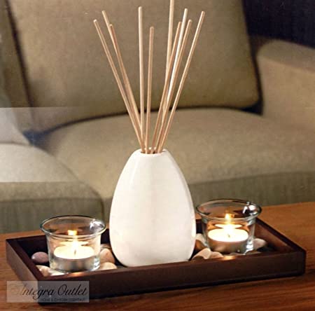 Ceramic Vase Reed Diffuser & Candle Set With Wooden Tray & Stones