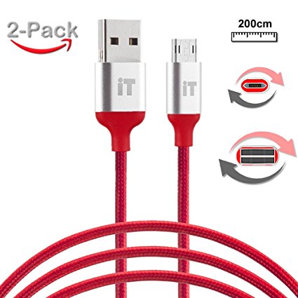InfoTechnica [2-Pack & fully reversible] exquisite premium 2 Meters (6.6ft) nylon braided micro USB cable pack, High speed tangle free fully patented reversible design at both ends USB data cable with streamline design in aluminium alloy shell Charging & Syncing Android, Samsung, HTC, LG, Nokia, BlackBerry, Sony and many more devices with micro-USB charging socket. (Red)