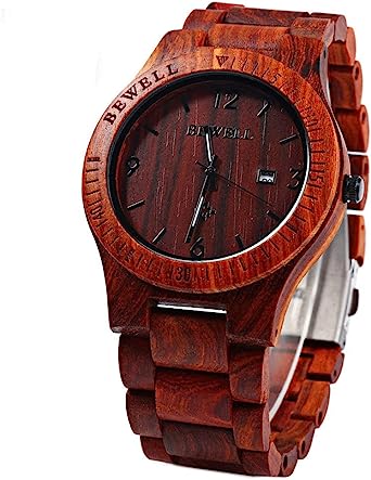 BEWELL BWELL ZS-W086B Mens Wooden Watch Lightweight Date Display Analog Quartz Movement Wristwatches