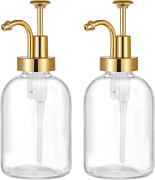 2 Pack Thick Clear Glass Jar Soap Dispenser with Gold Pump, 17ounce Clear Boston Round Bottles Dispenser with Rustproof Pump for Essential Oil, Lotion Soap, Coffee Syrup Dispenser Bar Accessories