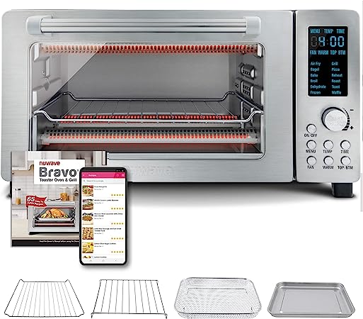 Nuwave Bravo 12-in-1 Digital Toaster Oven, Countertop Convection Oven & Air Fryer Combo, 1800 Watts, 21-Qt Capacity, 50°-450°F Temp Controls, Dual Zone Surround Cooking, Linear T Technology, SS Look