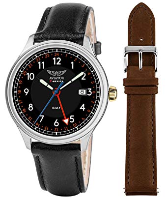 AVIATOR F-Series Men's Vintage Flight Pilot Dual Time GMT Quartz with Two Interchangeable Genuine Leather Straps Black and Brown Watch Set