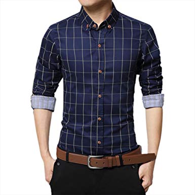 Men Pure Cotton Shirt Mercerized Slim Fit Long Sleeve Plaid Business Checked Casual Dress Turn-Down Collar Button Down Suit British Stylish