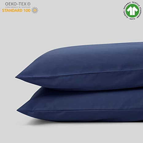100% Organic Cotton Standard Pillow Case Set | Queen Pillow Case Set | Dark Blue | 20" x 30" | Percale Weave | 300 Thread Count | GOTS Certified | Cool Crisp Breathable | Luxury Finish | Sustainable