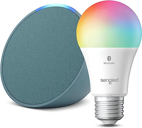 Echo Pop | Midnight Teal with Sengled Smart Color Bulb | Alexa smart home starter kit