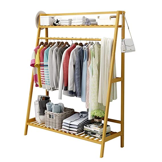 House of Quirk Bamboo Garment Coat Clothes Hanging Duty Rack with Top Shelf and Shoe Clothing Storage Organizer Shelves - (70x140cm) DIY (DO-IT-Yourself) Product.