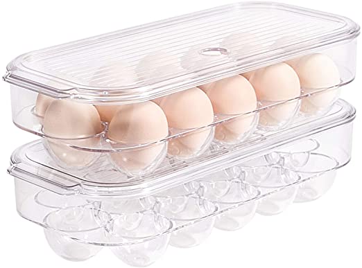 elabo Egg Holder Stackable Storage Container and Organizer for Refrigerator, BPA Free, Holds 16 Eggs - 2 Pack, Clear