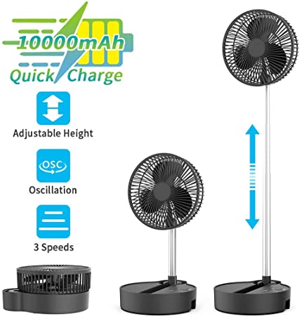 KOONIE 10000mAh Telescopic Standing Fan, Personal Folding Portable Telescopic Table Fans Floor Fans USB Fans, Portable Desk Fan Battery Operated with Automatic Oscillation, 3 Speed Settings, Height Adjustment, Super Quiet for Home, Table, Room, Outdoor