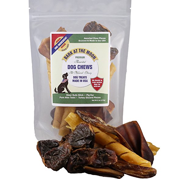 Premium Assorted Dog Chews - All Natural, Chewy Dog Treats Made in USA - Pig Ear, Bully Stick, Pork Hide Twist Pieces & Turkey Gizzards Assortment Pack - One Ingredient - American Sourced - Dogs Love