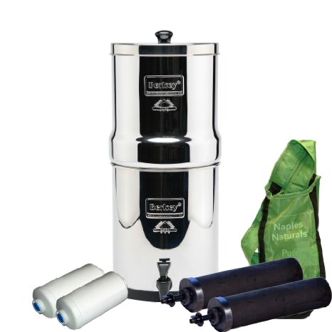 Big Berkey Stainless Steel Water Filter 2 Black Filters and 2 FluorideArsenic Filters Naples Naturals Bottle Sling