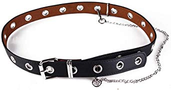 Womens Punk/Rocker Grommet-Leather-Belt with Chains - Adjustable Buckles Waist Belts for Dress Jumpsuit