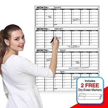 Business Basics EXTRA LARGE Dry Erase Vertical 4 Month 36” x 48" in Wall Calendar Laminated Dry or Wet Erase Print Squares to Plan Your Whole Day Perfect for School Office Cubicle Home College Dorms