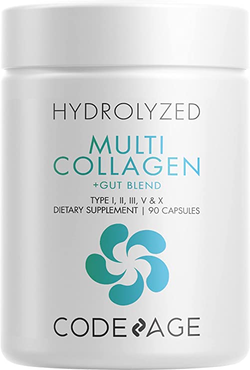 Codeage Multi Collagen   Gut Blend Supplement – Digestive Probiotics, DGL Licorice – Aloe Vera, Organic Peppermint Leaf - Hydrolyzed Collagen Pills Type 1, 2, 3, 5 & 10 – Non-GMO - 90 Capsules