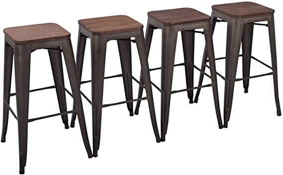 Yongchuang Metal Bar Stools Set of 4 Backless Bar Height Stools Stackable Barstools with Wooden Seat 30" Rusty