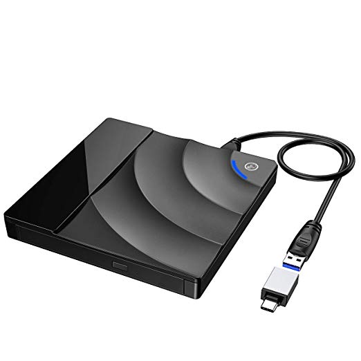 TOPELEK External CD/DVD Drive, USB 3.0, Imported SATA Chip, CD/DVD Burner/Writer with Convenient Touch Button, Complimentary Type C Adapter, ABS Material