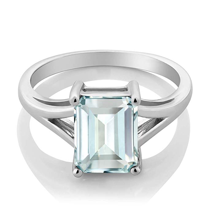 Gem Stone King 925 Sterling Silver Sky Blue Simulated Aquamarine Ring For Women (2.30 Ct, Emerald Cut 9X7MM)