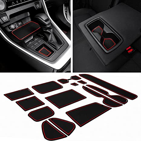 JDMCAR Liner Accessories Compatible with Toyota RAV4 2023 2022 2021 2020 2019, Custom Fit Cup Holder, Center Console, and Door Pockets Rubber Inserts Kit (Red Trim) - 15 PC Set