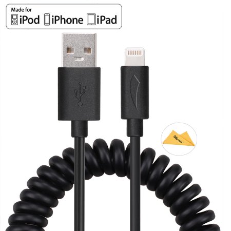 [Apple MFi Certified] Yellowknife® Unique Durable Spring Coiled 3.3ft 1m Portable Travel Lightning Cable Sync Charging Cord for iPhone 5 / 5s / 5c / 6 / 6s / 6 Plus / 6s Plus / SE, iPad mini / 2 / 3 , Pro / Air / 4th Gen, iPod (Flexible, Extra Strong for Hard Duty) Black
