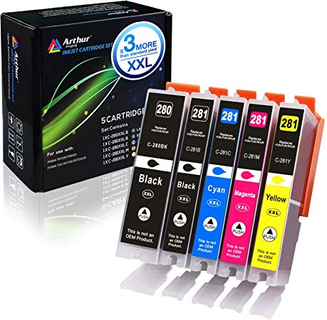 Arthur Imaging Compatible Canon Ink cartridges 280 and 281 Replacement PGI-280XXL CLI-281XXL PGI 280 XXL CLI 281 XXL PIXMA TR7520 TR8520 TS6120 TS6220 TS8220 TS9120 TS9520 TS9521C Printer (5 Pack)