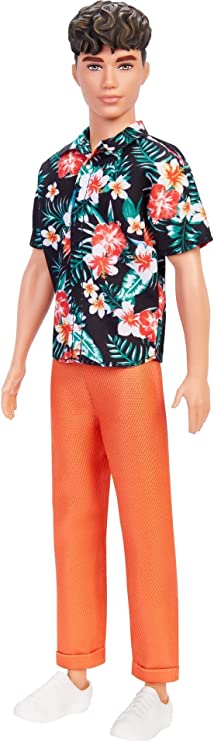 Barbie Ken Fashionistas Doll #184, Brunette Cropped Hair, Floral Hawaiian Shirt, Orange Cuffed Pants, White Deck Shoes, Toy for Kids 3 to 8 Years Old