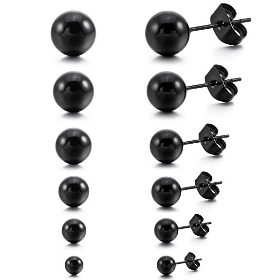 INBLUE Men,Women's 3~8mm 12 PCS Stainless Steel Stud Earrings Bead Ball Set ( 6 Pairs )