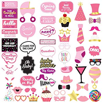 Baby Shower Girl Photo Booth Props - 53 Pieces - Baby Shower Decorations, Gifts, Favors and Supplies for Girl - Pregnancy Announcement - Gender Reveal Party