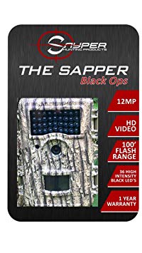 The Sapper Black Ops IR Trail Camera 12 MP 1080P 2.4 Inch LCD Hunting Camera with 36 IR LED Night Vision with 100 Foot Range. Waterproof Trail Camera with IP66 Rating 4 or 8aa Battery Operation