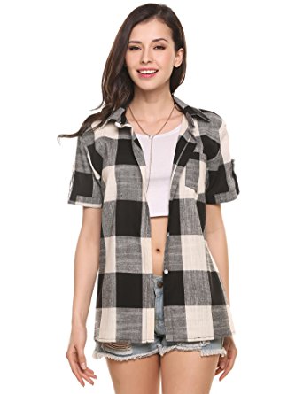 Beyove Women's Gingham Long Sleeve Casual Loose Boyfriend Plaid Button Down Flannel Shirt