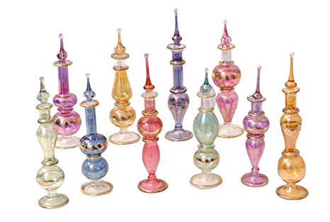 CraftsOfEgypt Genie Blown Glass Miniature Perfume Bottles for Perfumes & Essential Oils, Set of 10 Decorative Vials, Each 4" High (12cm), Assorted Colors