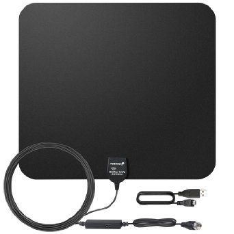 Fosmon Indoor Ultra Thin [HDTV Antenna | 60 Miles Range] with Built-in Amplifier Signal Booster and High Signal Capture of 16.4ft Coaxial Cable (Black)