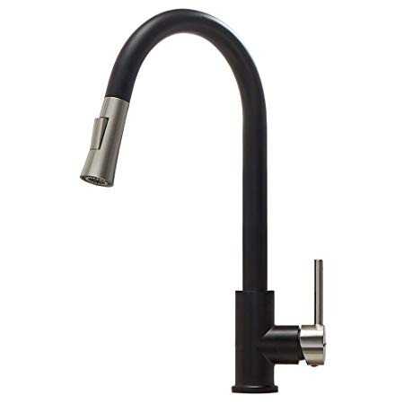 VAPSINT Stainless Steel Matte Black and Brushed Nickel Single Handle Kitchen Sink Faucet, Single Hole Kitchen Faucet with Pulldown Sprayer