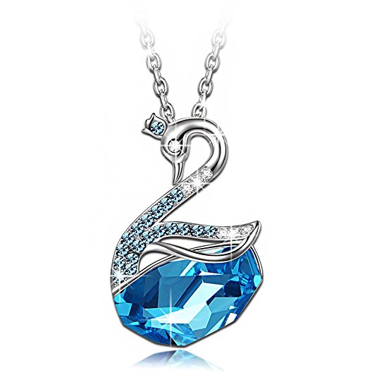LadyColour "Swan Lake" Blue Swan Pendant Necklace Made With Swarovski Crystals, Engraved Animal Jewelry