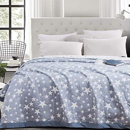 NTBAY Muslin Natural Cotton Twin Blanket, 68 x 92 Inches, Blue Stars