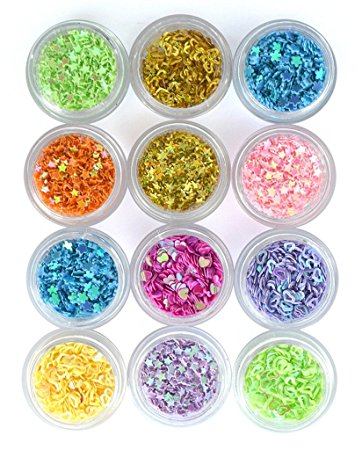 QIMISI DIY 12 Colors Hollow Solid Heart Star Flower Glitter Sheet Spangle Nail Tip Deco