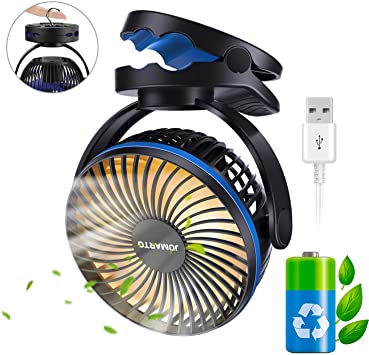 USB Battery Operated Clip on Fan Camping Fan with Night Light, JOMARTO Personal Outdoor Fan Desk Fan with Hanging Hook for Home & Office for Tent Car RV Hurricane Emergency Outages,4 Speeds, 4400mAh