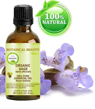 SAGE ORGANIC Essential Oil. 100% Pure Therapeutic Grade, Premium Quality, Undiluted. 0.33 Fl.oz.- 10 ml. by Botanical Beauty.