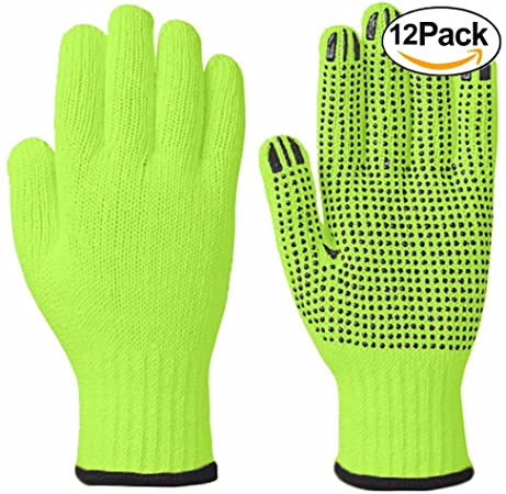 Wideskall High Visibiliby Large Cotton PVC Dots Grip String Knit Safety Work Gloves, 12 Pairs