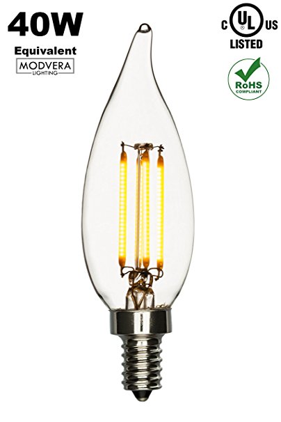 Modvera 4 Watt 40W Equivalent LED Candelabra Bulb, Bent Tip Warm White 2200K E12 Base Filament Style Chandelier Bulb. UL LISTED, RoHS Compliant …
