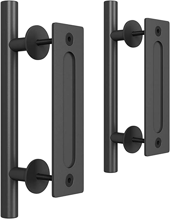 SMARTSTANDARD 2PCS Sliding Barn Door Handle, 12 Inch Heavy Duty Pull and Flush Hardware Set, Black, Large Rustic Two-Side Design, Round