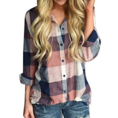 Shirts for Women Plus Size Plaid Casual Long Sleeve Button Down Blouse Top Pullover