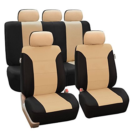 FH-FB065115 Classic Khaki Full Set Car Seat Covers, Airbag compatible and Split Bench, Beige / Black- Fit Most Car, Truck, Suv, or Van