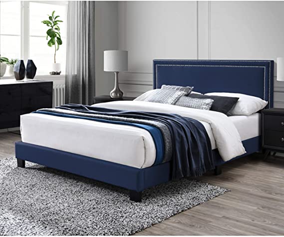 DG Casa Ocean Upholstered Platform Bed Frame with Nailhead Trim Headboard and Full Wooden Slats, Queen Size in Blue Fabric