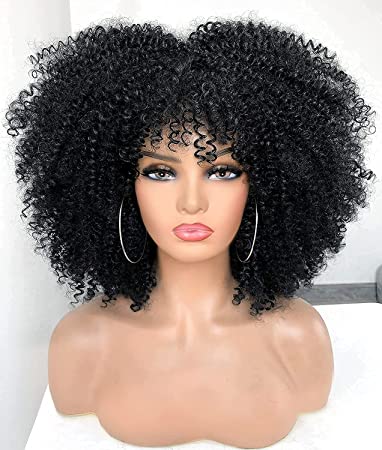ANNIVIA 14inch Short Curly Afro Wigs for Black Women Afro Kinky Curly Wig with Bangs No Glue Full and Fluffy like a Bomb Full wig (Black)