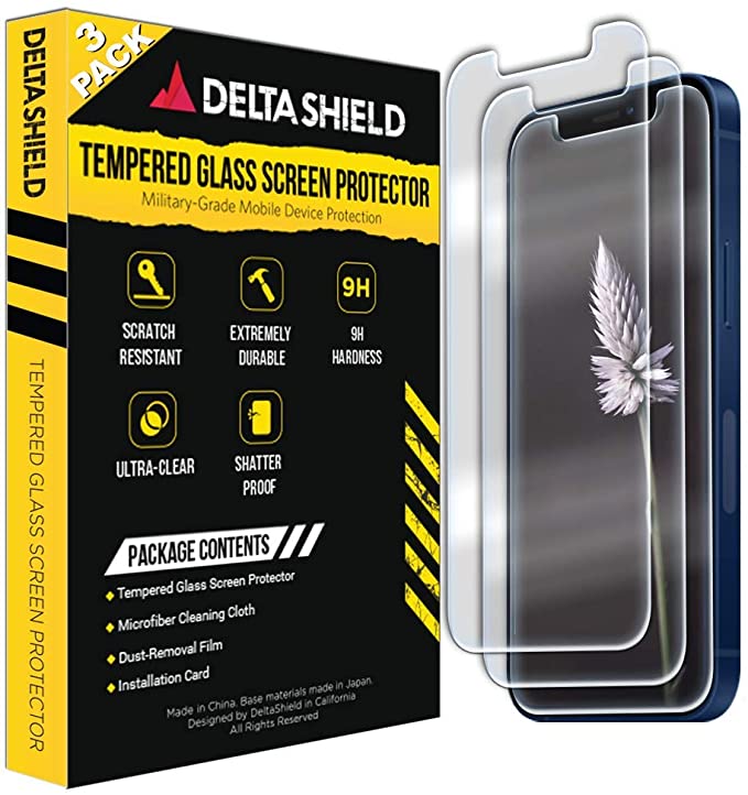DeltaShield Glass Screen Protector Compatible with Apple iPhone 12 Mini (5.4 inch)(3-Pack) Clear Tempered Ballistic Glass HD and Transparent Shatter-Proof Shield, 99% Touch Accuracy