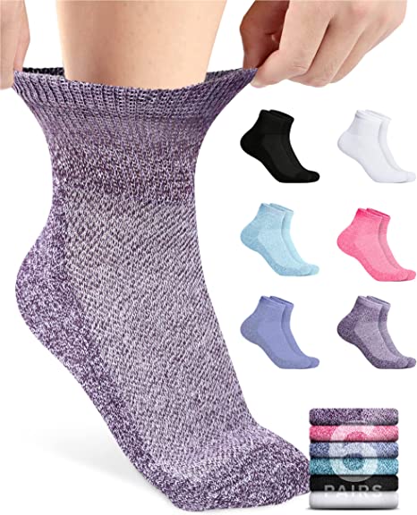 Pembrook Diabetic Ankle Socks for Men & Women | 6 Pairs Wide Non Binding Socks Quarter Length | Edema Neuropathy Socks for Women & Men, Bright Colors, Medium