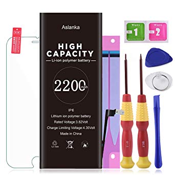 Aslanka Battery for Model iPhone 6,High Capacity 2200mAh Battery Replacement with Repair Tool Kit, Include Instructions and Screen Protector -[2-Year Warranty]
