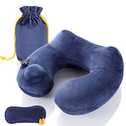 Inflatable Travel Pillow, Lasuavy Soft Velvet Neck Pillow with Ear Plugs, Eye Mask and Drawstring Bag for Airplane - Blue