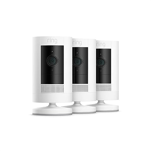 Ring Stick Up Cam Battery HD security camera with custom privacy controls, Simple setup, Works with Alexa – 3-Pack – White