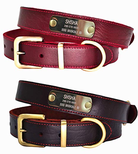 W&Z Premium Custom Personalized Genuine Leather Dog Collars with ID Name Plate, Dog Collar with Engraved Name and Phone Number, Durable Soft Dog Collars for Small Medium Large X-Large Dogs